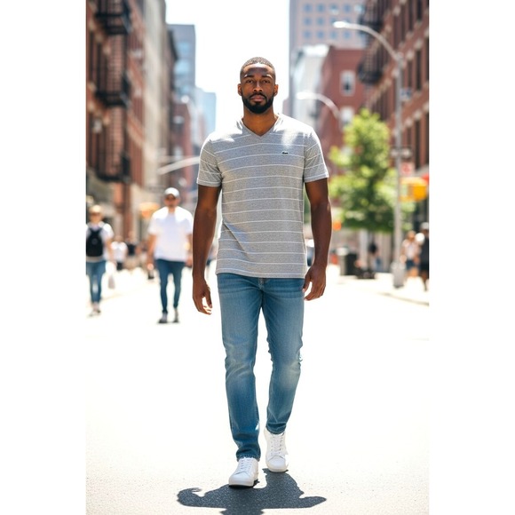 Lacoste Other - (F-183)Lacoste Men's V-Neck T-Shirt Gray Striped Logo Cotton Size 6 Regular Fit‎